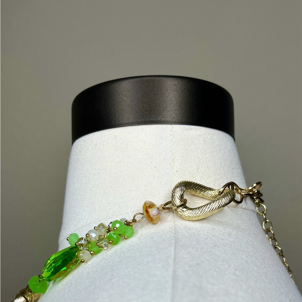 Vintage Gold Link Green Glass Necklace Jewelry Beads Cocktail Y2K Statement Rare - Picture 6 of 14